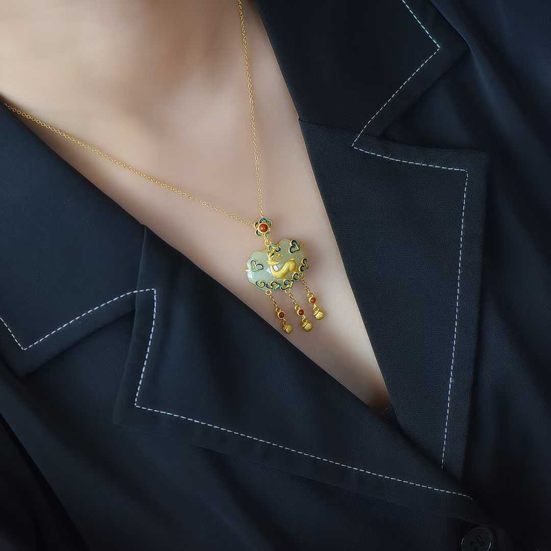 Ancient - Style Silver - Inlaid Hetian Jade Enamel Pendant with "Deer (Bringing You Good Fortune)", "Ruyi" & "Lucky Lock" Designs - jewelry - weilin.com