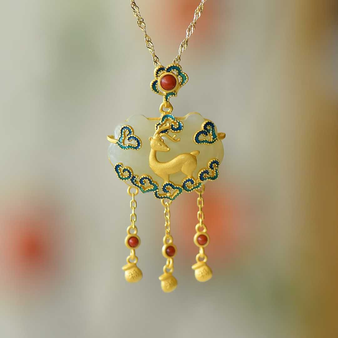Ancient - Style Silver - Inlaid Hetian Jade Enamel Pendant with "Deer (Bringing You Good Fortune)", "Ruyi" & "Lucky Lock" Designs - jewelry - weilin.com