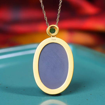 Ancient - Style Silver - Inlaid Hetian Jade Pendant (Smoky Cyan Cabochon) - jewelry - weilin.com