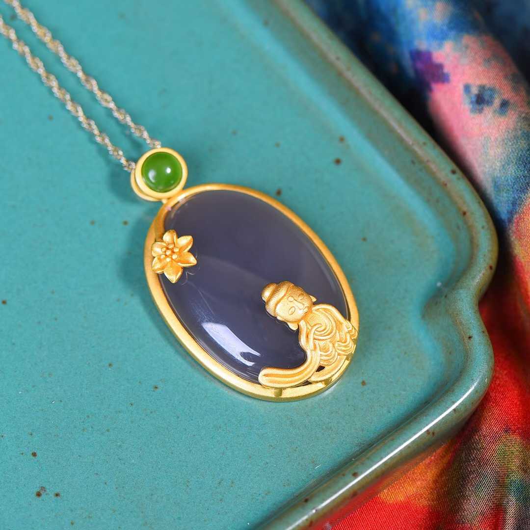 Ancient - Style Silver - Inlaid Hetian Jade Pendant (Smoky Cyan Cabochon) - jewelry - weilin.com