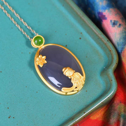 Ancient - Style Silver - Inlaid Hetian Jade Pendant (Smoky Cyan Cabochon) - jewelry - weilin.com