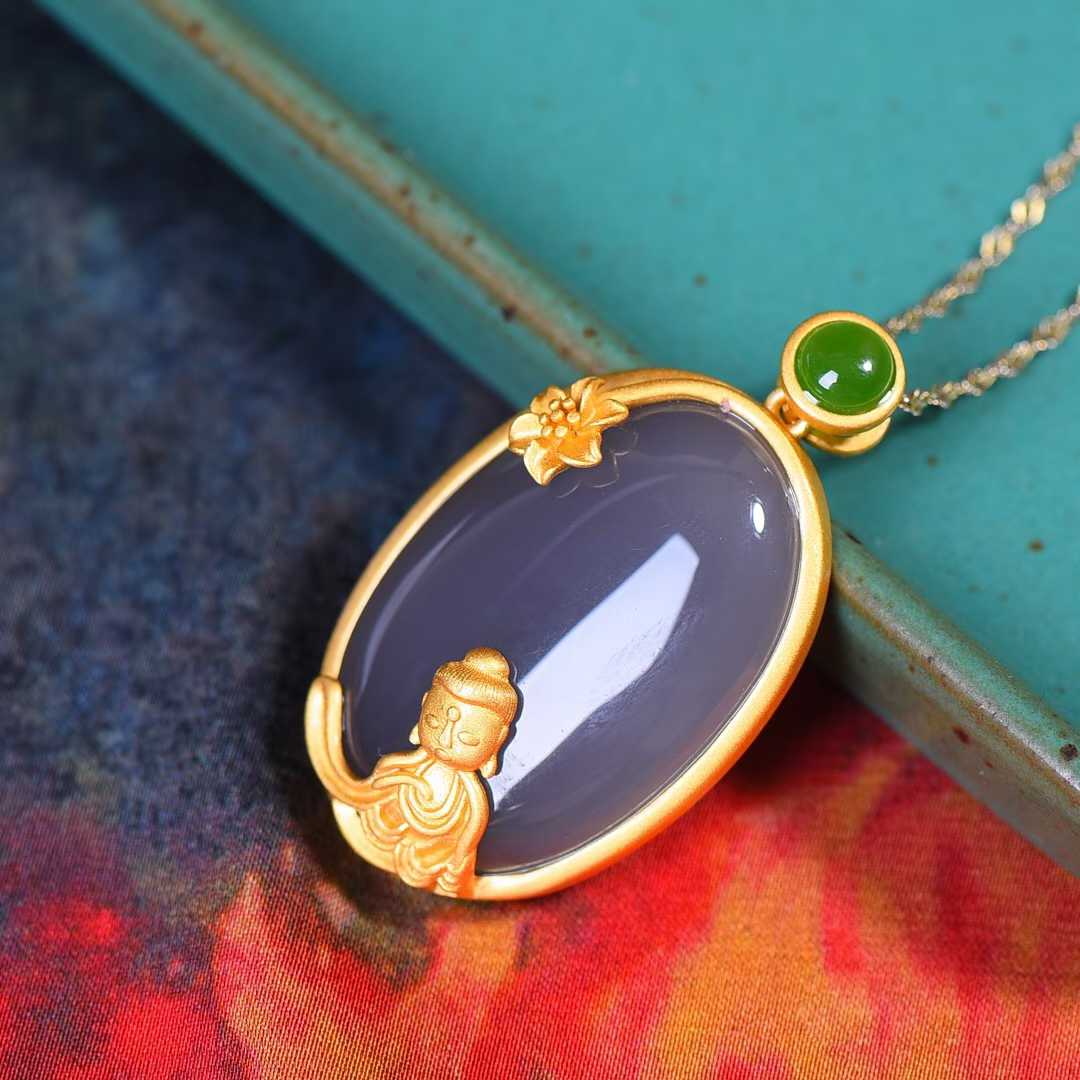 Ancient - Style Silver - Inlaid Hetian Jade Pendant (Smoky Cyan Cabochon) - jewelry - weilin.com