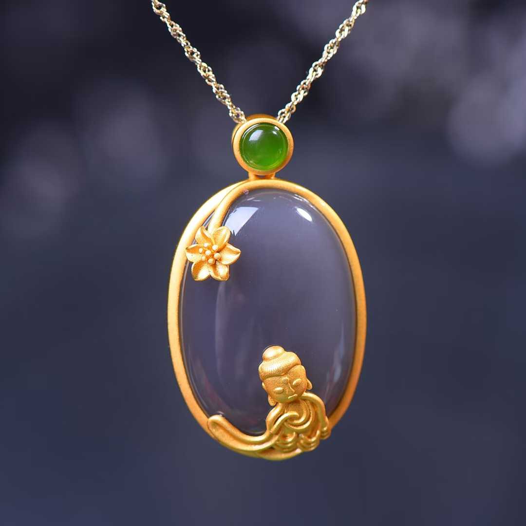 Ancient - Style Silver - Inlaid Hetian Jade Pendant (Smoky Cyan Cabochon) - jewelry - weilin.com