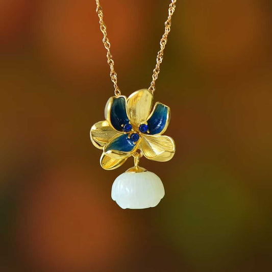 Ancient - Style Silver Inlaid Hetian Nephrite "Lotus & Annual Auspiciousness" Jewelry Set - jewelry - weilin.com