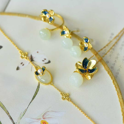 Ancient - Style Silver Inlaid Hetian Nephrite "Lotus & Annual Auspiciousness" Jewelry Set - jewelry - weilin.com