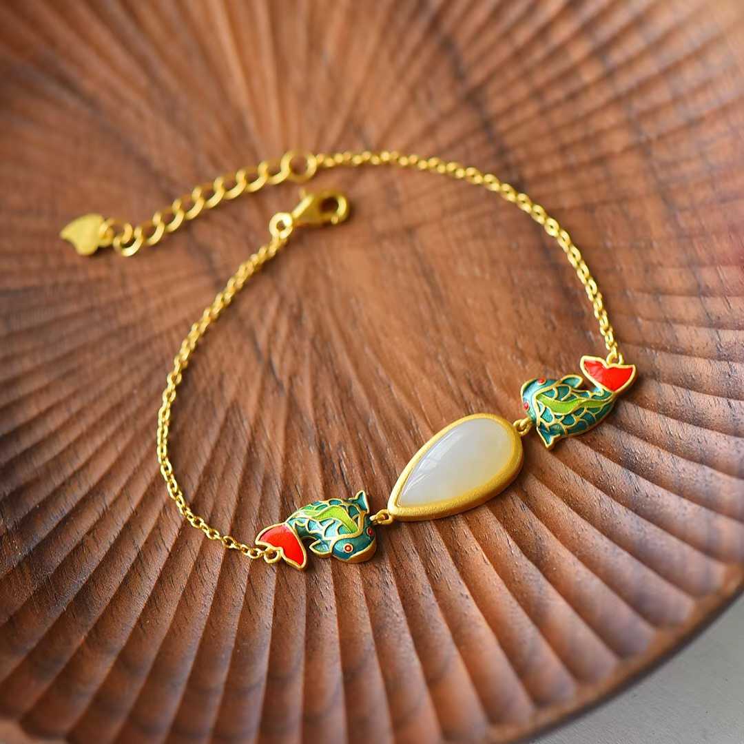 Ancient - Style Silver Inlaid Hetian Nephrite "Lotus & Fish (Year After Year Abundance)" Enamel Set - jewelry - weilin.com