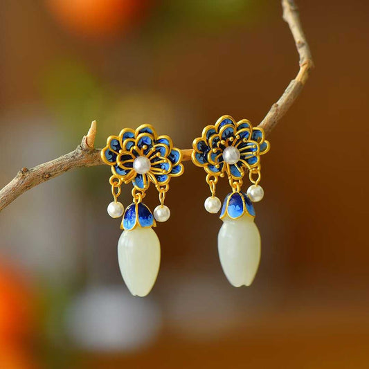 925 Silver Inlaid Hetian Nephrite "Peony in Bloom" Earrings