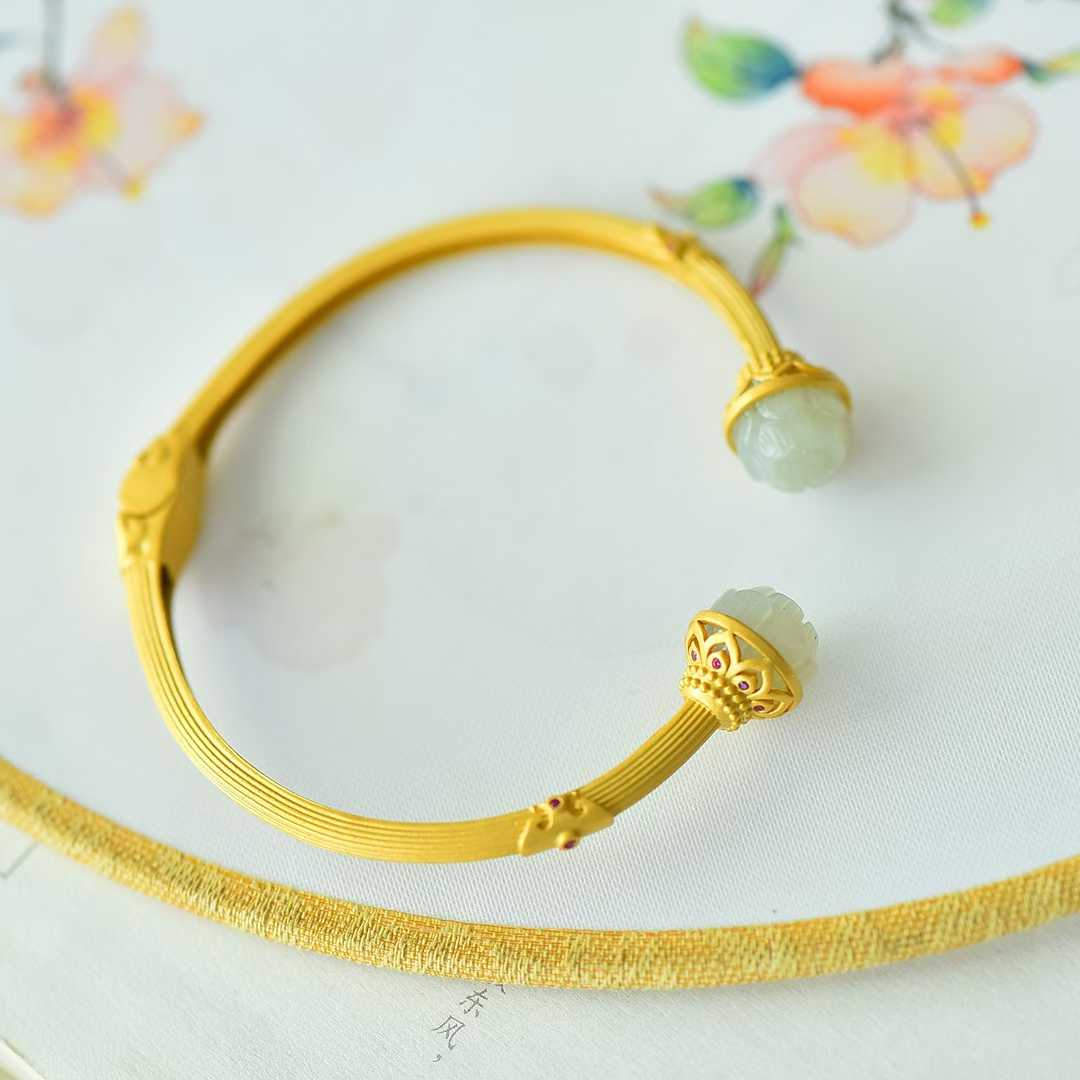 925 Silver Inlaid Hetian Nephrite "Small Lotus & Endless Luck" Bracelet