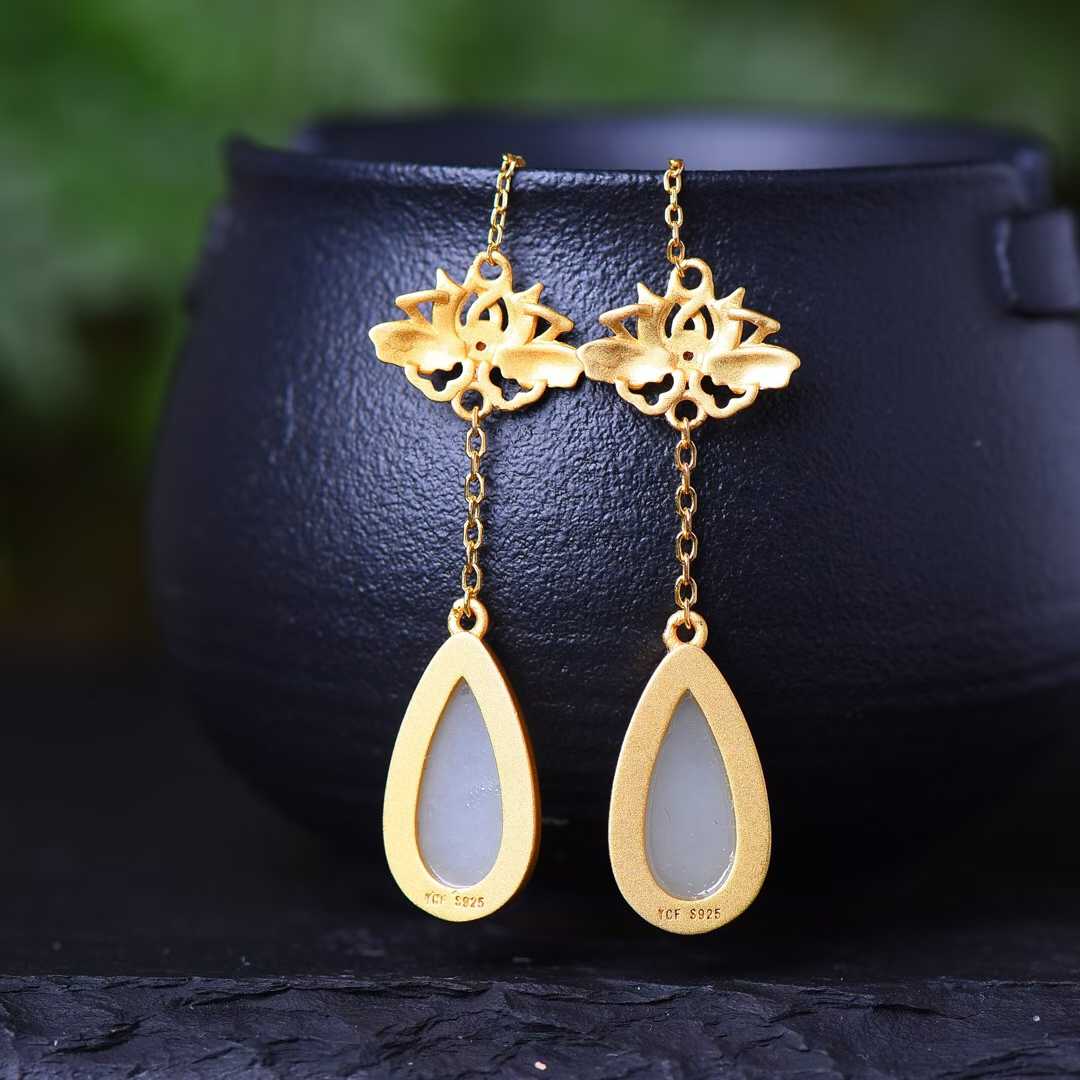 925 Silver Inlaid Nephrite Teardrop Ear Threads