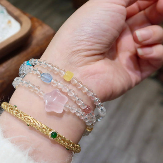 Natural White Crystal Triple-Wrap Rainbow Bracelet