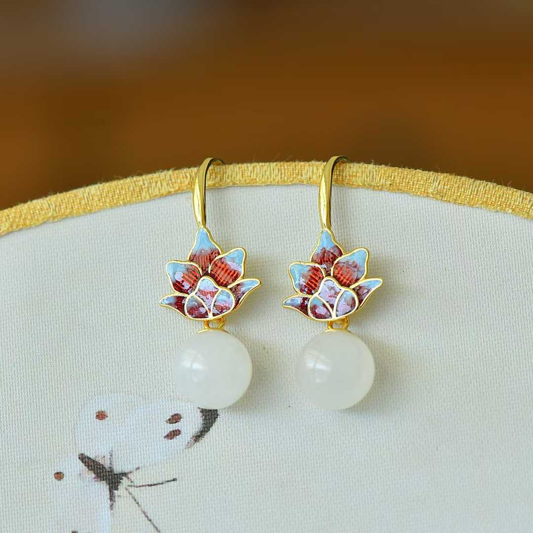 925 Silver Inlaid 10mm Nephrite (White Jade) Enamel Earrings