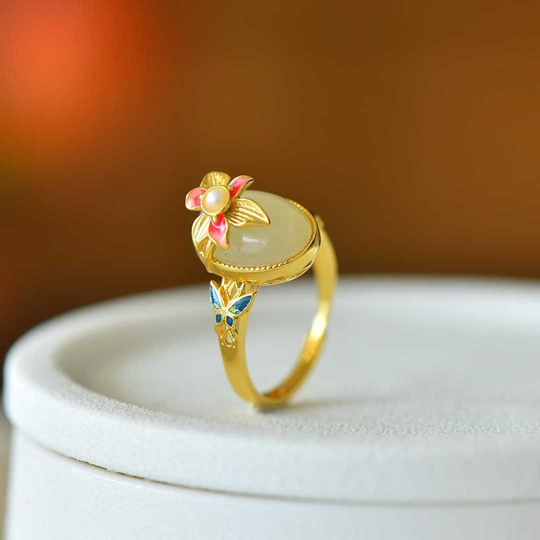 925 Silver Inlaid White Hetian Nephrite "Butterfly on Flower" Ring