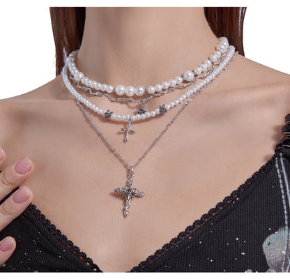 Baroque pearl cross necklace with layered chains