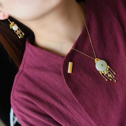 925 Silver Inlaid Hetian Jade Ping'an Kou Set