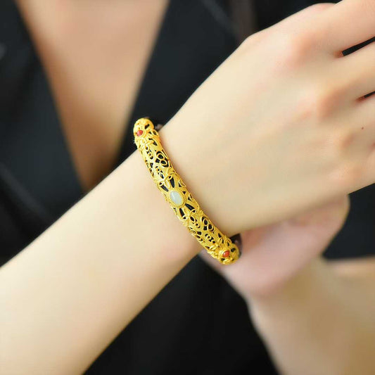 925 Silver Inlaid Hetian Nephrite "Hollowed-Out Cabochon" Bracelet