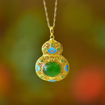 925 Silver Inlaid Hetian Jasper "Gourd & Filigree" Pendant