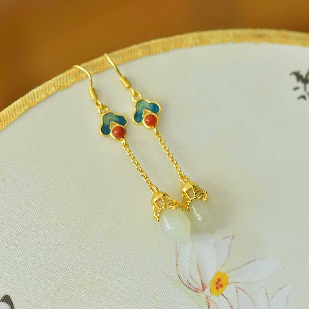 925 Silver Inlaid Nephrite Magnolia and Auspicious Cloud Earrings with Southern Red Agate and Enamel
