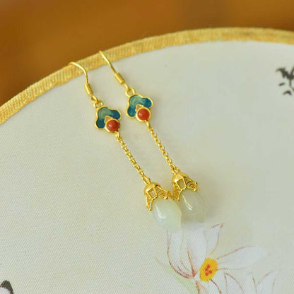 925 Silver Inlaid Nephrite Magnolia and Auspicious Cloud Earrings with Southern Red Agate and Enamel