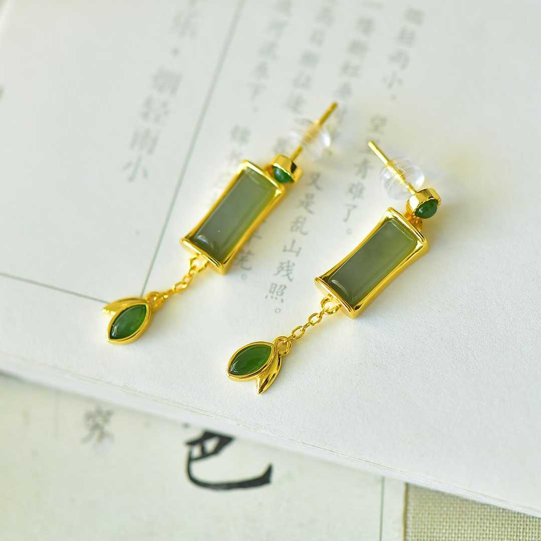 925 Silver Inlaid Hetian Nephrite (Clear Water Variety) "Steady Progress" Stud Earrings