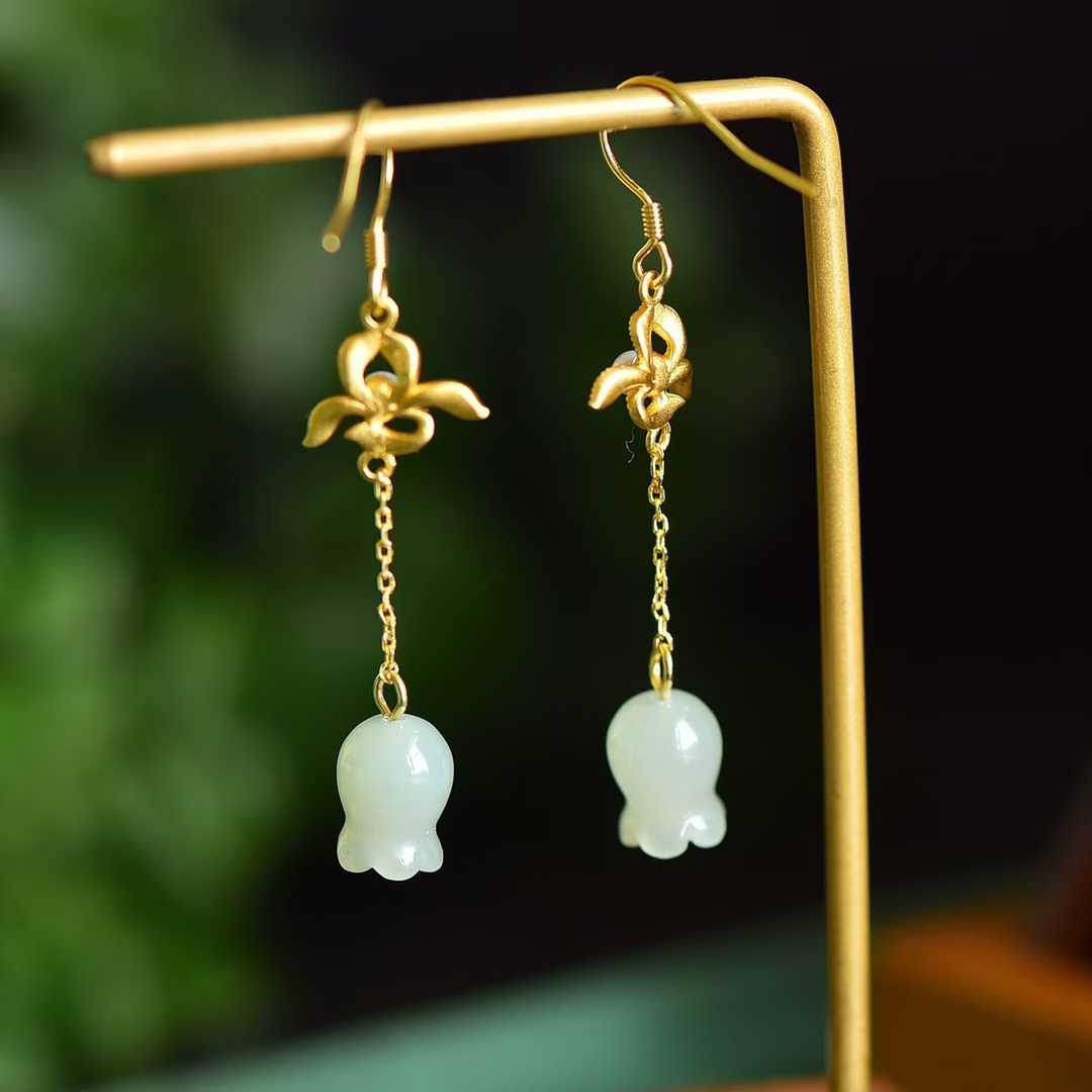 S925 Silver Inlaid Nephrite Wind Chime Flower Earrings