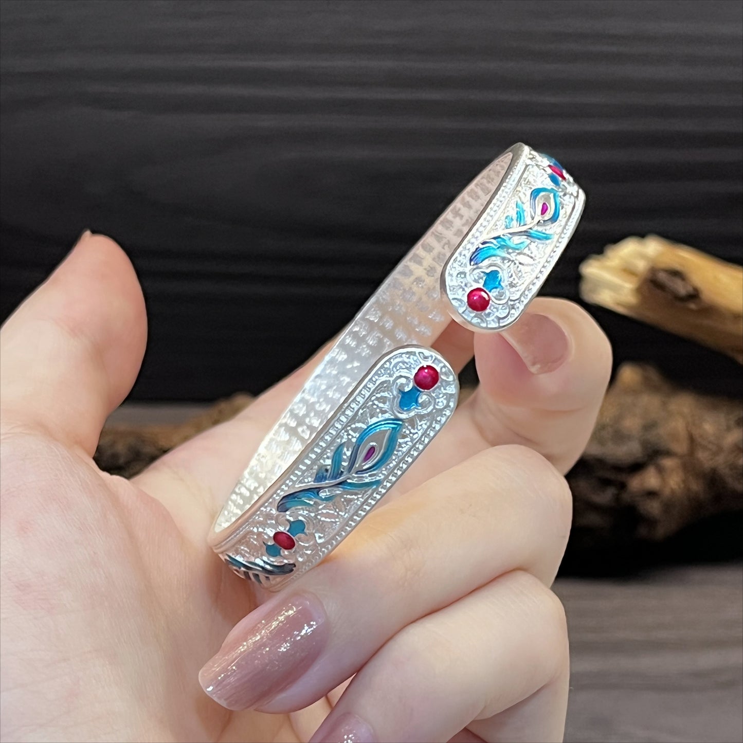 Heart Sutra Ancient Enamel Phoenix Feather Sterling Silver Bracelet