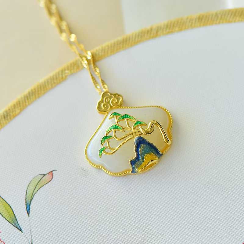 925 Silver Inlaid Hetian Nephrite "Wanli Rivers & Mountains" Ruyi Lock Pendant