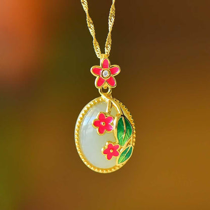925 Silver Inlaid Nephrite "Blooms in Mid-Summer" Pendant