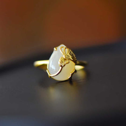 925 Silver Inlaid White Hetian Nephrite "Butterfly on Flower" Teardrop Ring