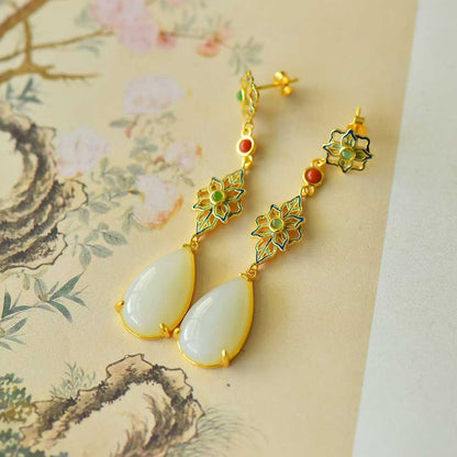 925 Silver Inlaid Nephrite "Flowers Bloom in Prosperity" Teardrop Earrings