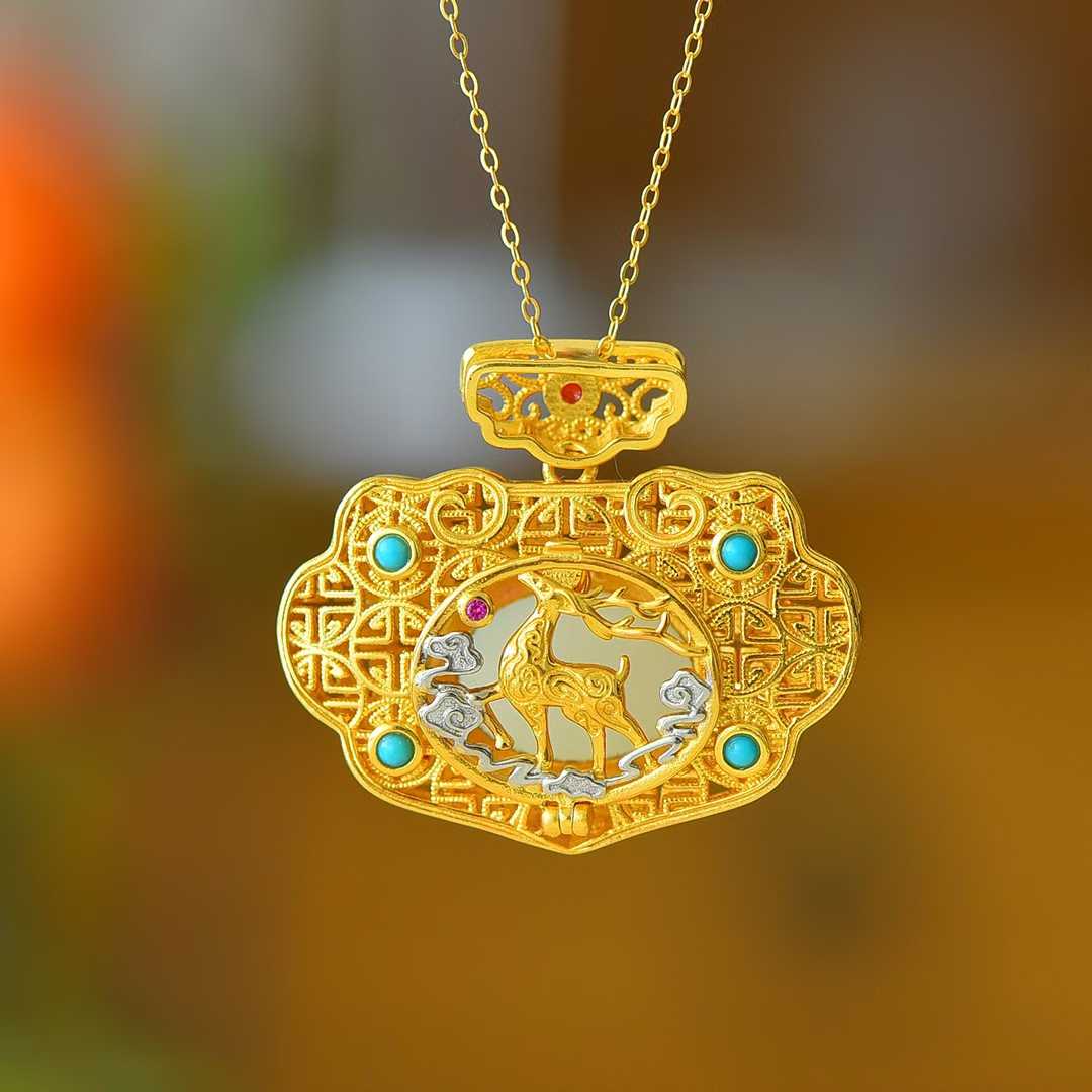 925 Silver Inlaid Nephrite "Deer & Crane for Auspiciousness" Two-Tone Pendant