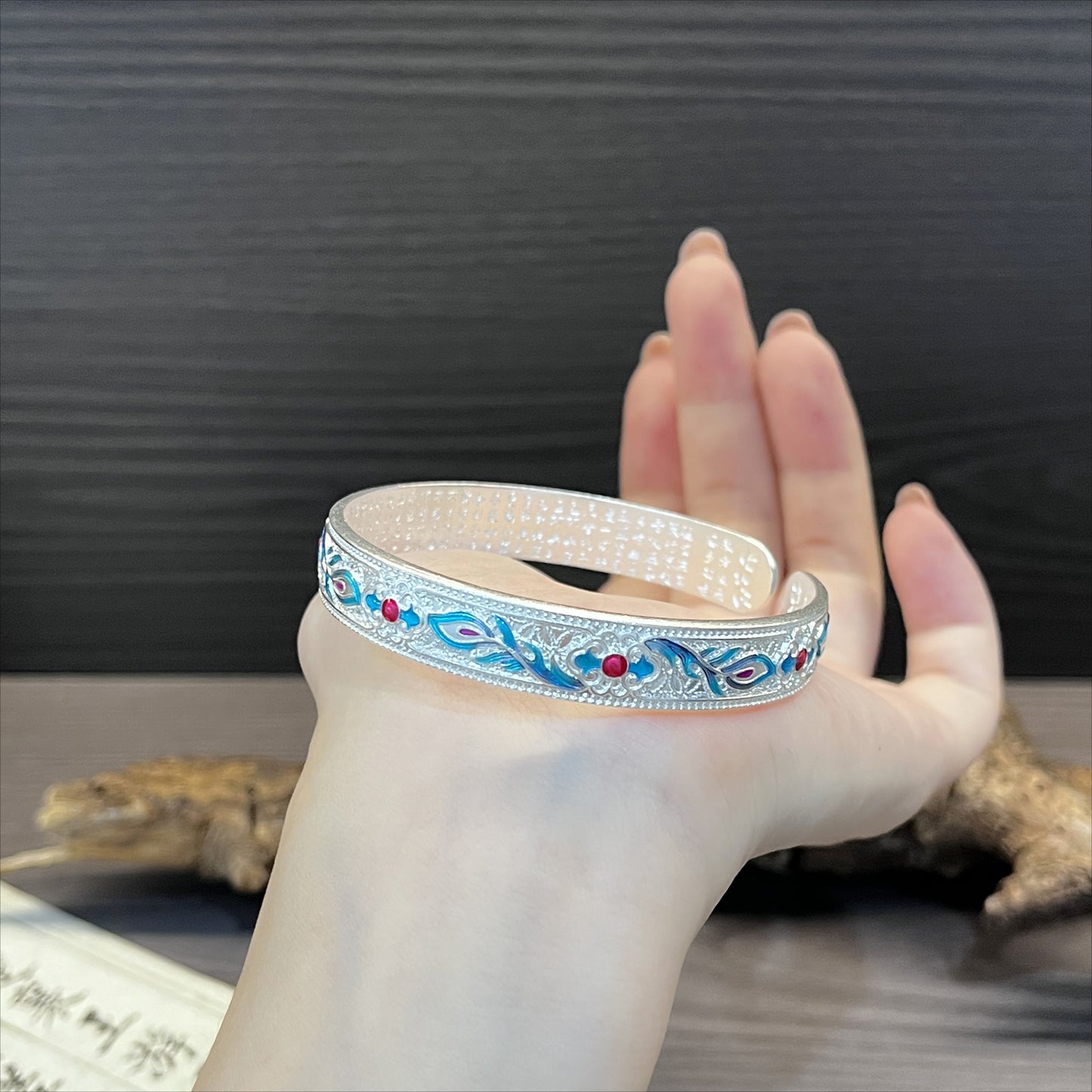 Heart Sutra Ancient Enamel Phoenix Feather Sterling Silver Bracelet