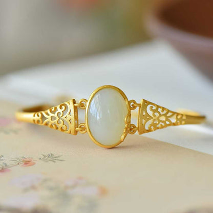 925 Silver Inlaid Hetian Nephrite "Hollowed-Out" Bracelet