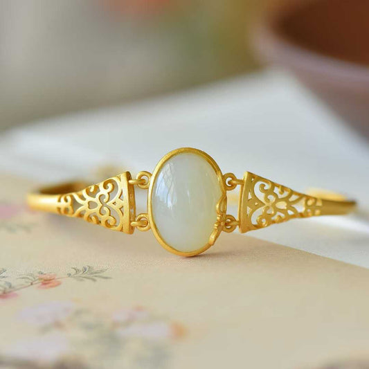 925 Silver Inlaid Hetian Nephrite "Hollowed-Out" Bracelet