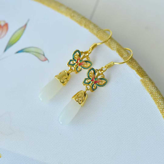 925 Silver Inlaid Hetian Nephrite Long Drop Butterfly Earrings