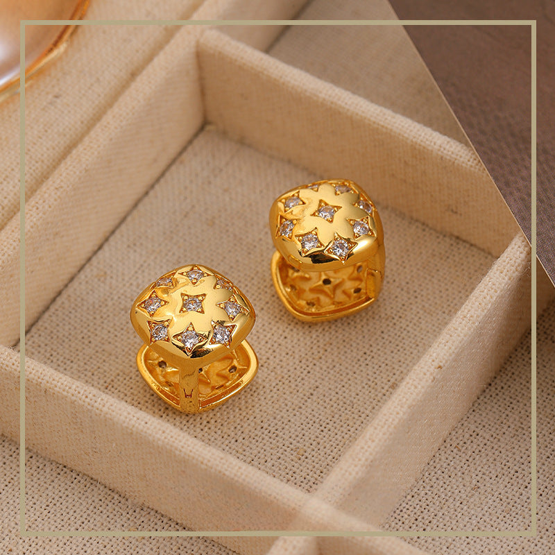 Simple retro three-dimensional square star zircon earrings - jewelryweilin
