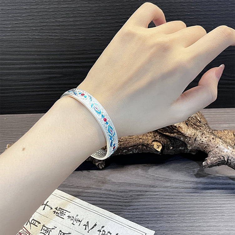 Heart Sutra Ancient Enamel Phoenix Feather Sterling Silver Bracelet