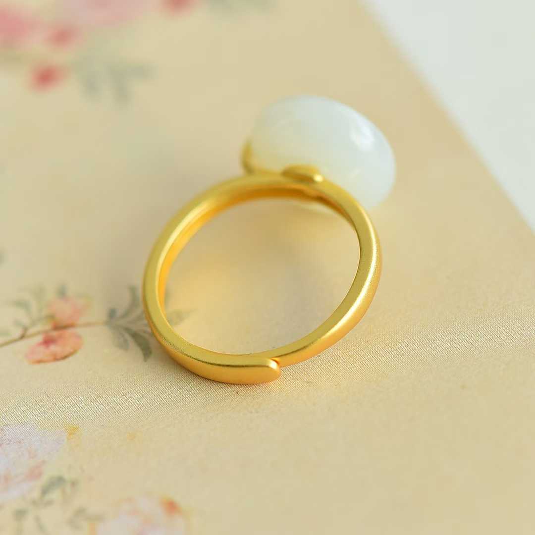 925 Silver Inlaid Hetian Peace Buckle Ring