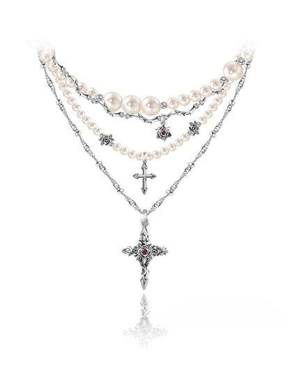 Baroque pearl cross necklace with layered chains - jewelry - weilin.com