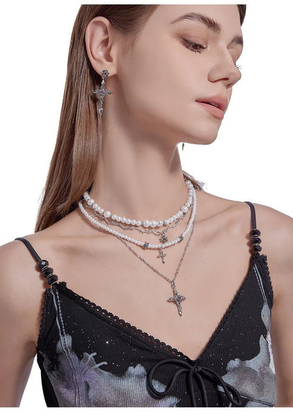 Baroque pearl cross necklace with layered chains - jewelry - weilin.com