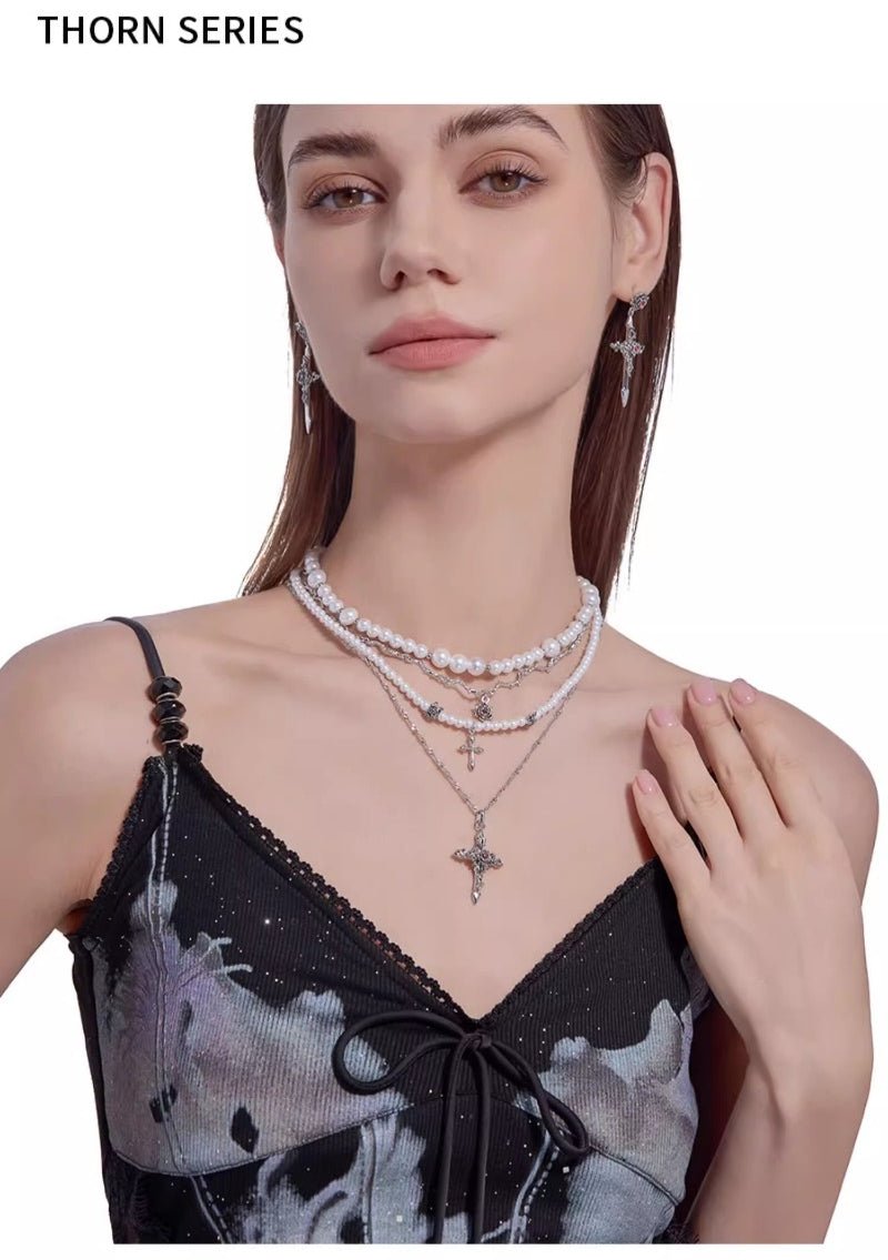 Baroque pearl cross necklace with layered chains - jewelry - weilin.com