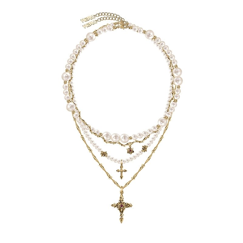 Baroque pearl cross necklace with layered chains - jewelry - weilin.com