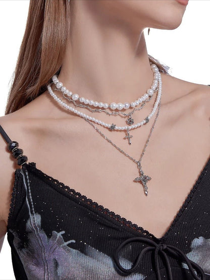 Baroque pearl cross necklace with layered chains - jewelry - weilin.com