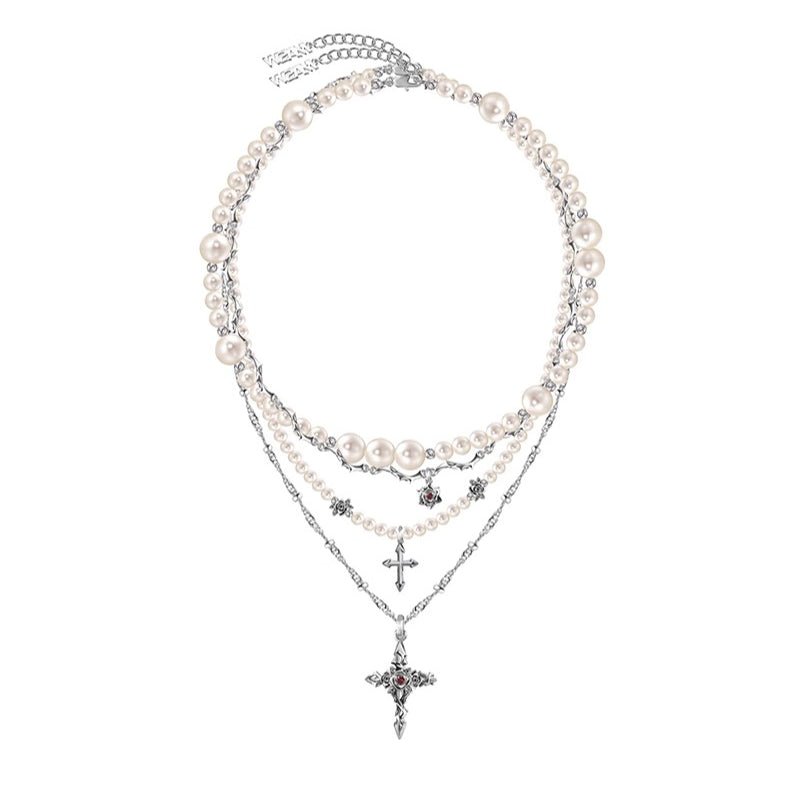 Baroque pearl cross necklace with layered chains - jewelry - weilin.com