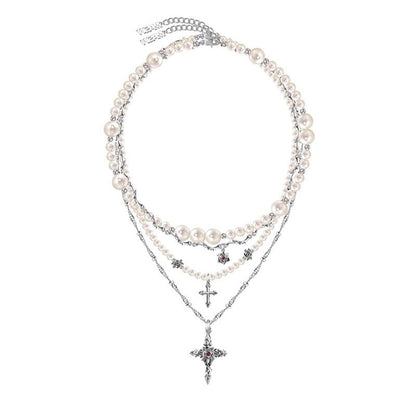 Baroque pearl cross necklace with layered chains - jewelry - weilin.com