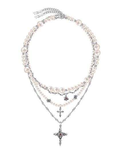 Baroque pearl cross necklace with layered chains - jewelry - weilin.com