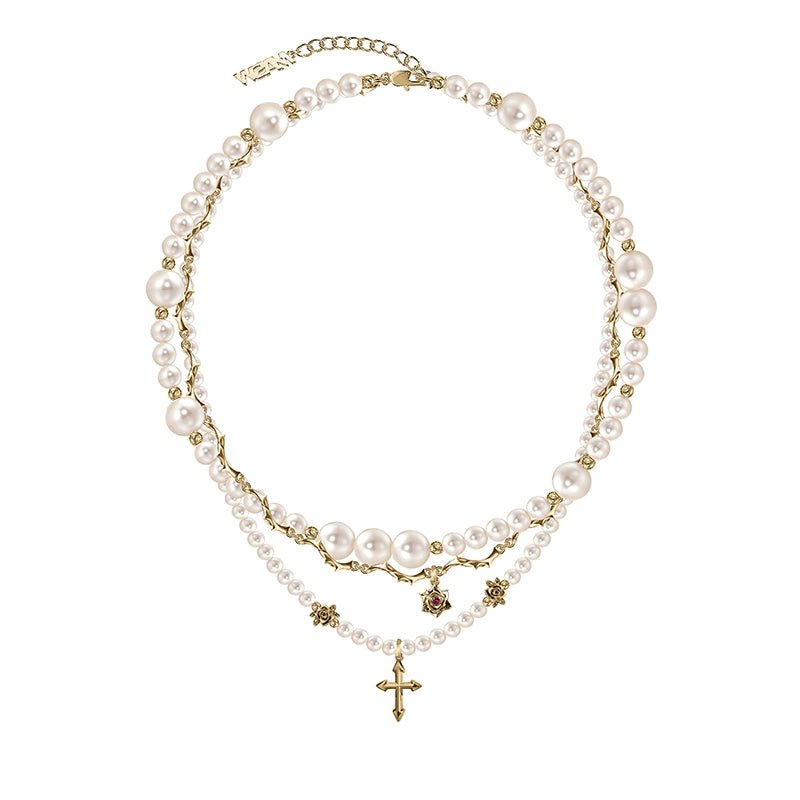 Baroque pearl cross necklace with layered chains - jewelry - weilin.com