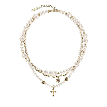 Baroque pearl cross necklace with layered chains - jewelry - weilin.com