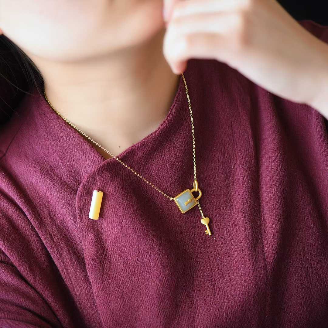 925 Silver Inlaid Hetian Nephrite "Smoky Gray Key & Lock" Pendant