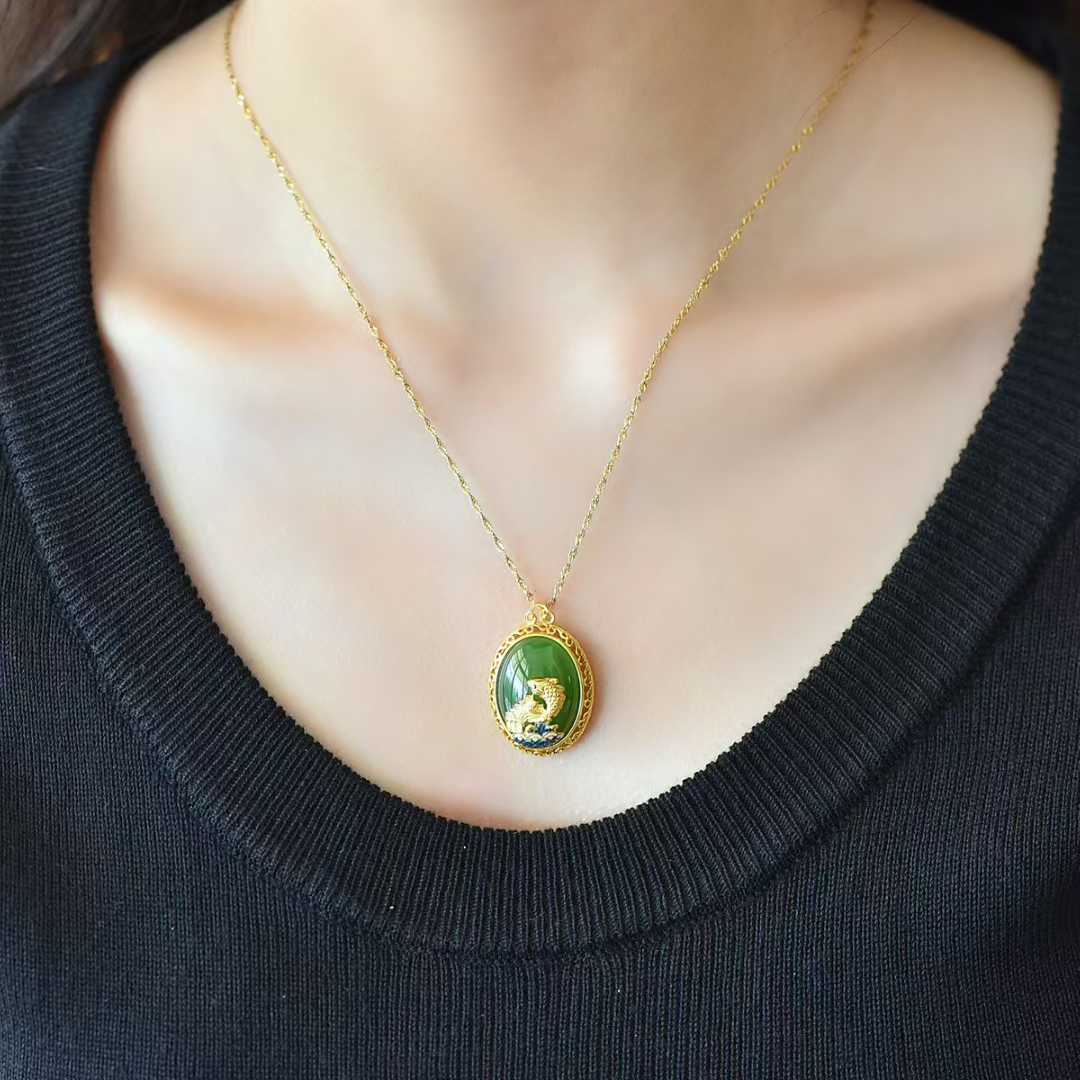 925 Silver Inlaid Hetian Jasper "Cabochon & Fish Leaping Over the Dragon Gate" Pendant