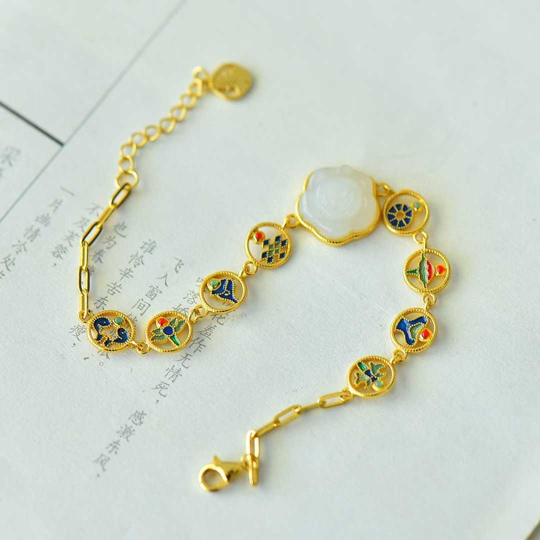 925 Silver Inlaid Enamel & Hetian Nephrite "Blooming Roses & Eight Treasures" Bracelet